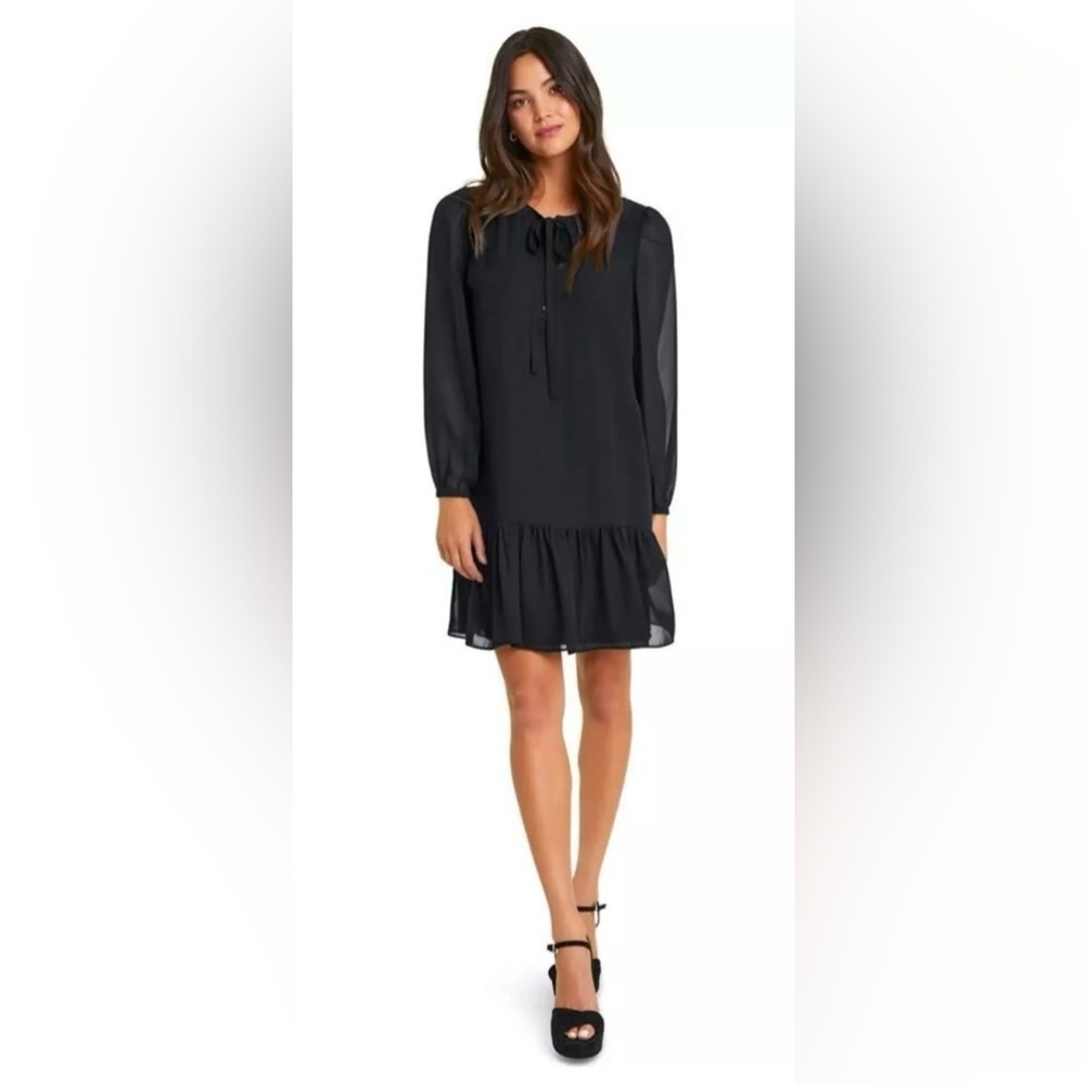 Draper James Closet Staple Black Tie Neck Flounce Shirt Dress size Large